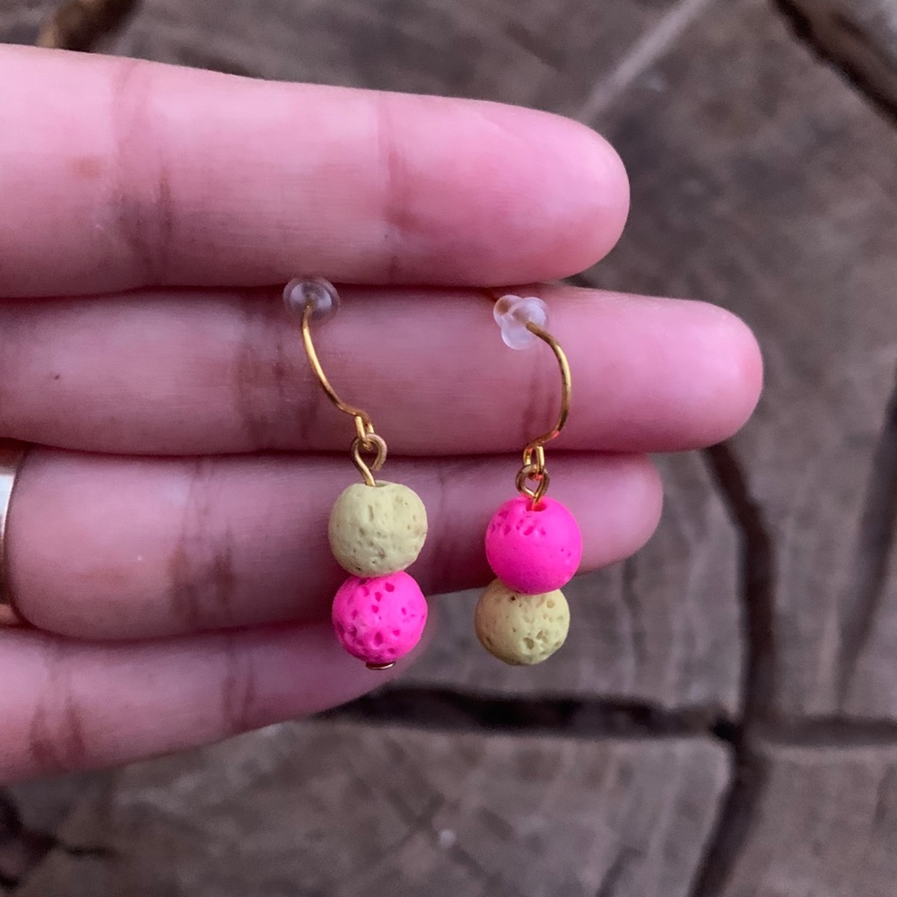 PINK YELLOW 8 MM LAVA STONE EARRINGS